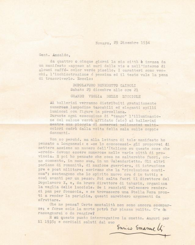 Lettera di Enrico Emanuelli a Giovanni Ansaldo, 29-12-1934