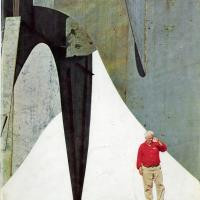 Copertina - lo sculture Alexander Calder sotto la sua opera "Teodolapio", Spoleto, 1962